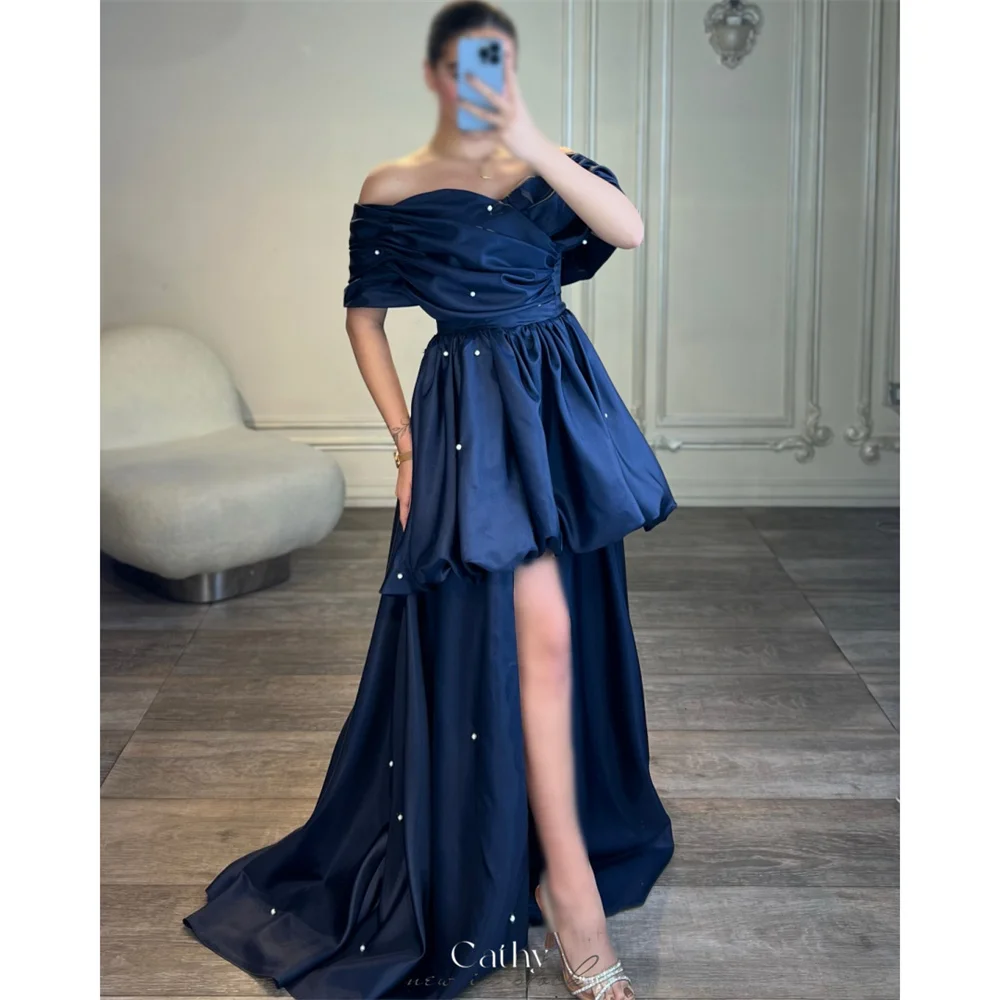 

Cathy Navy Off Shoulder High-low With Pearls Prom Dress Pleated vestidos de noiva Customized Lace-up Back Evening Dresses 2025