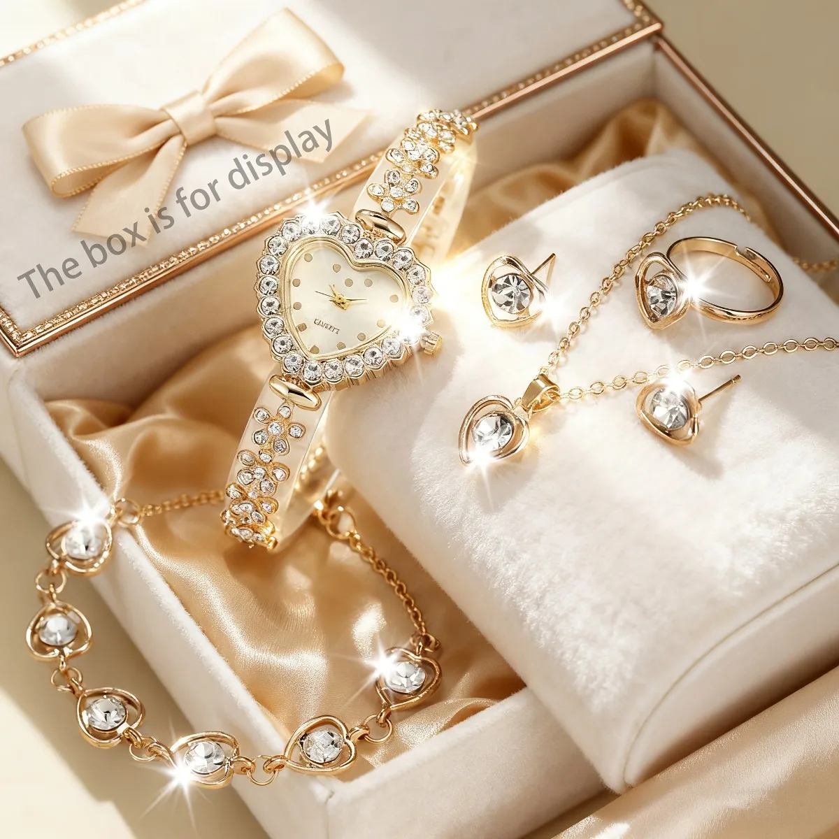 6PCS Fashion Rhinestone Women Watch Jewelry Set Elegant Ladies Quartz Wristwatch Heart Accessories Relogio FemininoWithout Box