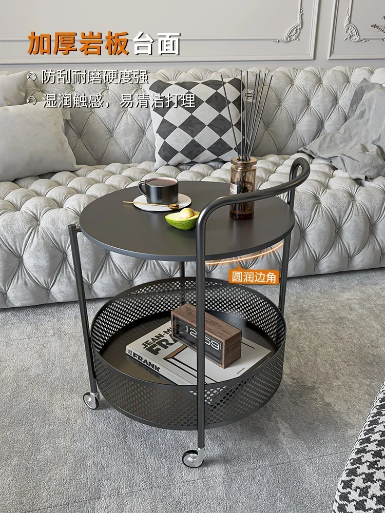 

-Portable Sofa Side Table, Minimalist Modern Living Room Storage Rack, Cream Air Net Red Circular Coffee Table, Ins Small Cart