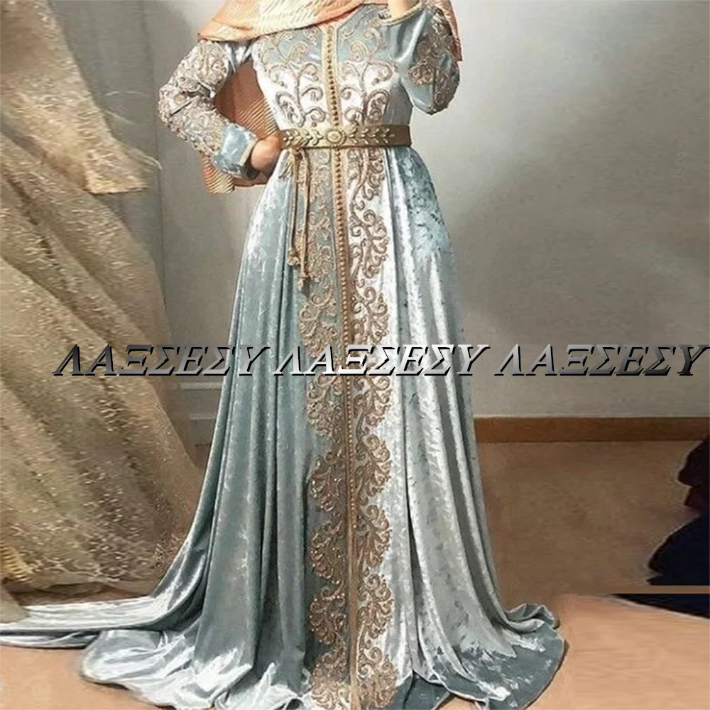 Laxsesu Sky Blue Velvet Muslim Formal Evening Dresses 2022 Elegant Dubai Prom Gowns Long Sleeves Saudi Arabic Evening Gowns