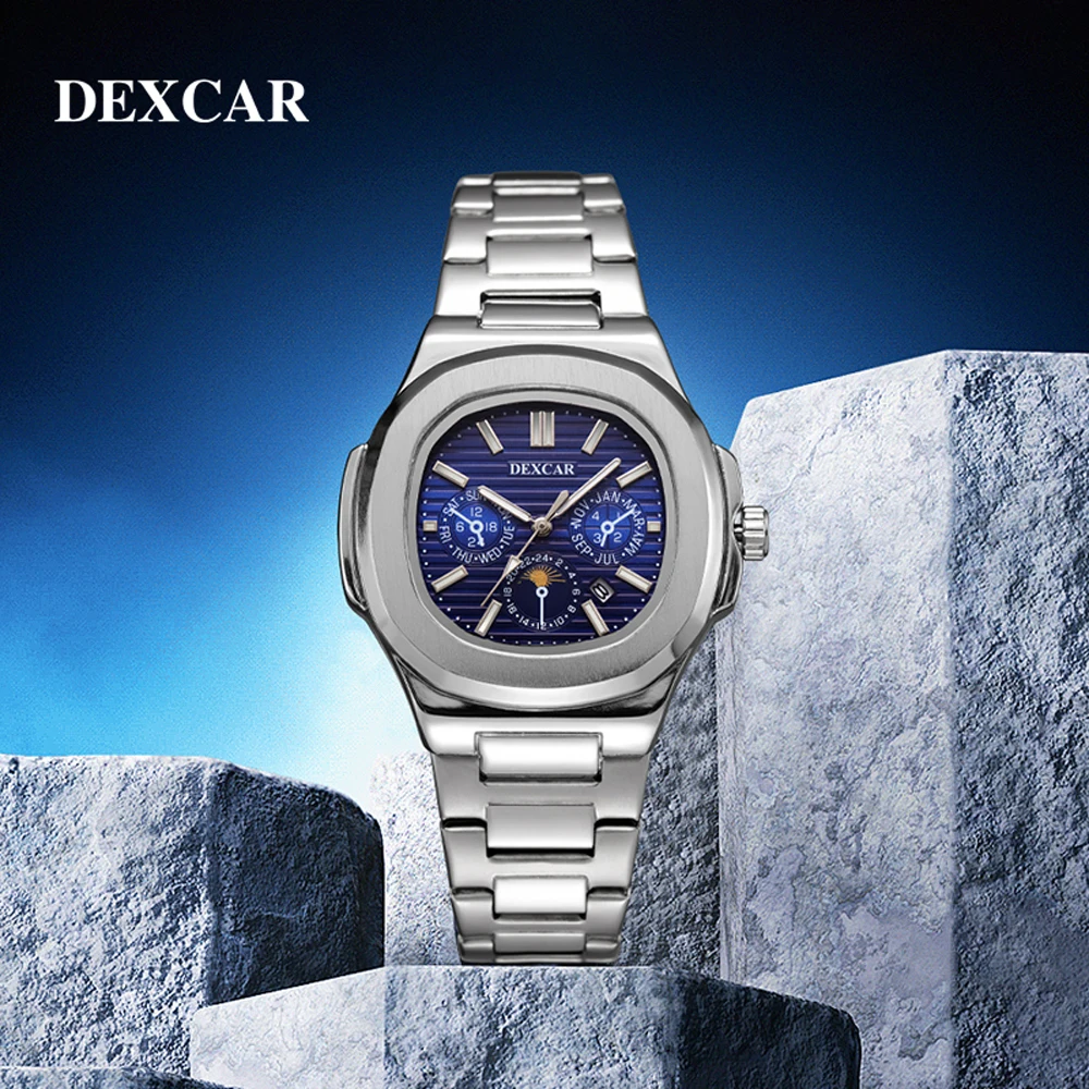 2024 New DEXCAR Dark Blue Mens Quartz Watches Top Brand Luxury Chronograph Watch For Men Waterproof Stainless Steel Reloj Hombre