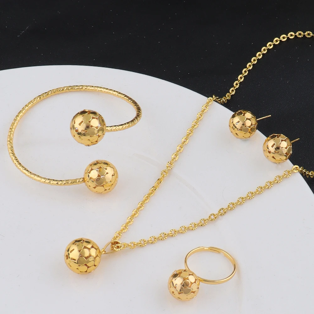 

Fashion Gold Color Hollow circle Jewelry New Fashion Metal Jewelry Three-dimensional Ring Earring Necklace Four Piece Set Gift