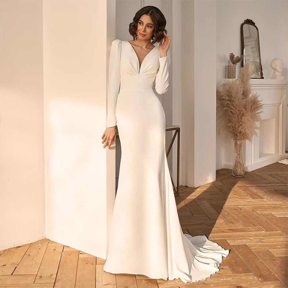 

#YS85 Sexy V-Neck Wedding Dress Long Sleeve Sheath Button Simple Backless Bride Gown Spandex Sweep Train Pleats Vestido De Novia