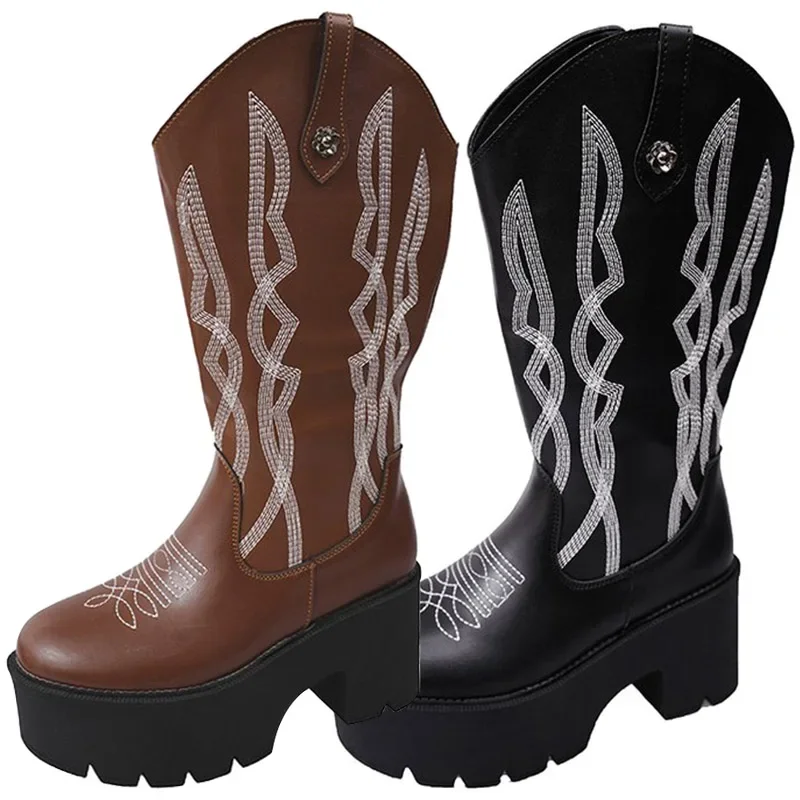 

SyfIyno Women's New Embroidery Round Head Boots Knight Boots Thick Bottom Waterproof Platform High heel Boots Large Size 36-43