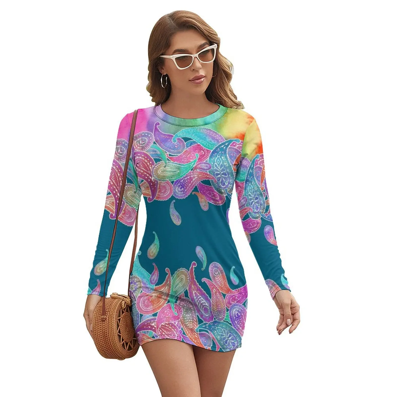 

Rainbow Paisley Rain on Blue Long-sleeved Dress evening dresses ladies dresses with long sleeves summer dresses ladies 2024