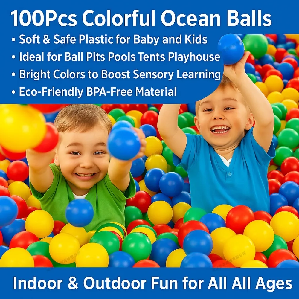 100개의 다채로운 부드러운 플라스틱 오션볼, 친환경 놀이 공간용 공, 유아용 수영장 텐트, 실내외 놀이집 장난감