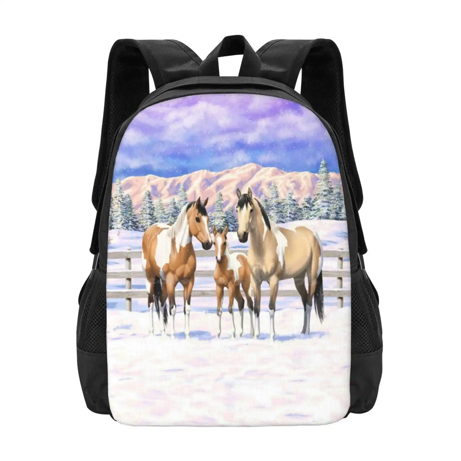 Pinto Dun Paint Quarter Horses In Snow Backpack For Student School Laptop Travel Bag Horse Paint Horse Quarter Horse Dun Horse