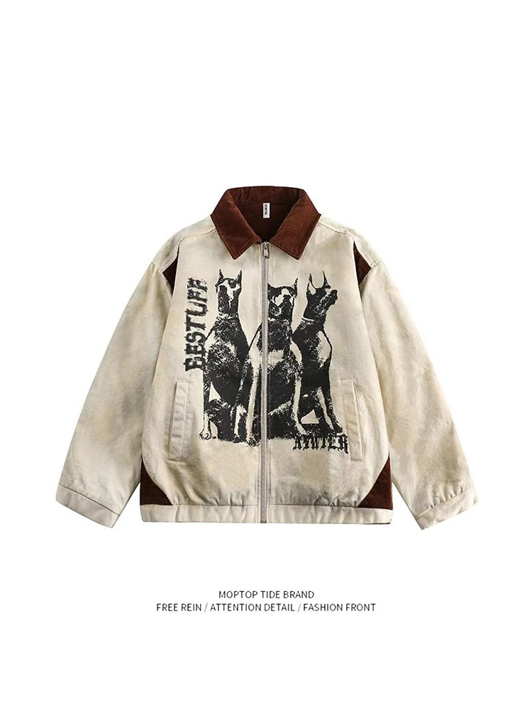 

Mr. WH American Retro Dir ort Collar Jaet Loose Outerwear for Men And Women Spring Autumn Street Sle Faion Brand