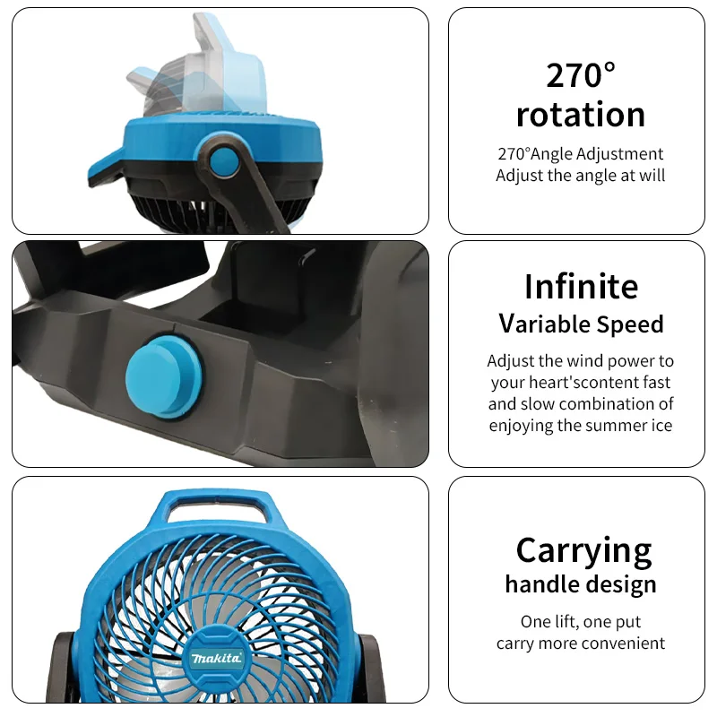 Ventilatore elettrico ricaricabile Makita 18V Ventilatore da campeggio esterno Circolatori d'aria Ventilatore senza fili 270 °   Ventilatore da tenda con rotazione della testa per Makita Ba