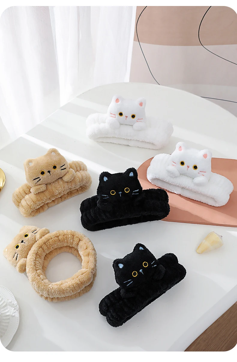 Niedliche Korallen-Fleece-Stirnbänder, elastisch, Cartoon-Katze, Make-up, Gesicht waschen, Haarbänder, weich, spurlos, Gesichts-Spa-Kopfbedeckung, Haar-Accessoires – Detail 11