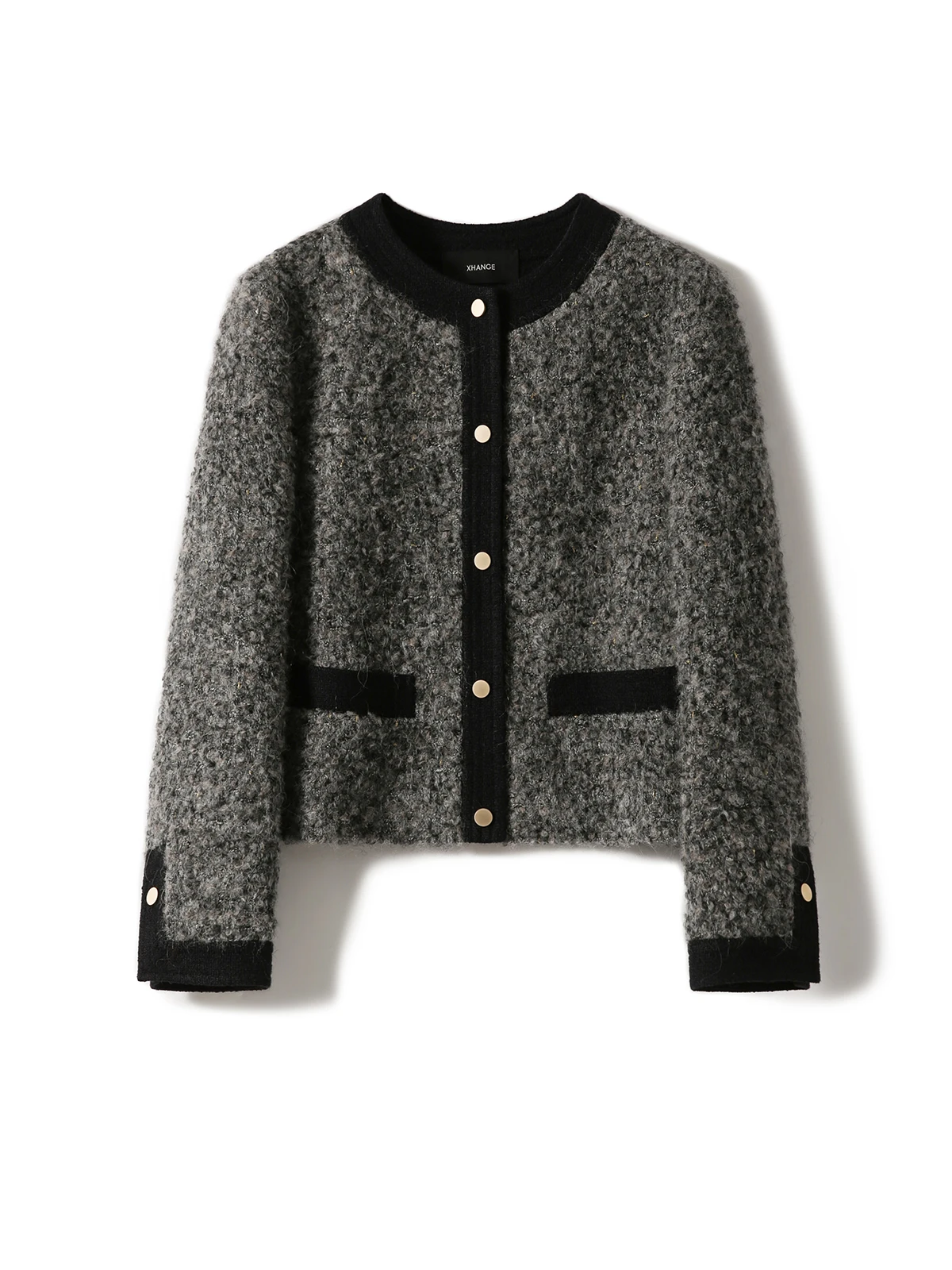 Xhange Snowflake ey Wool Alpaca Vintage Tweed round Ne Small Fraance Jaet Ladies Commute Sle Loose Fit Long Sve