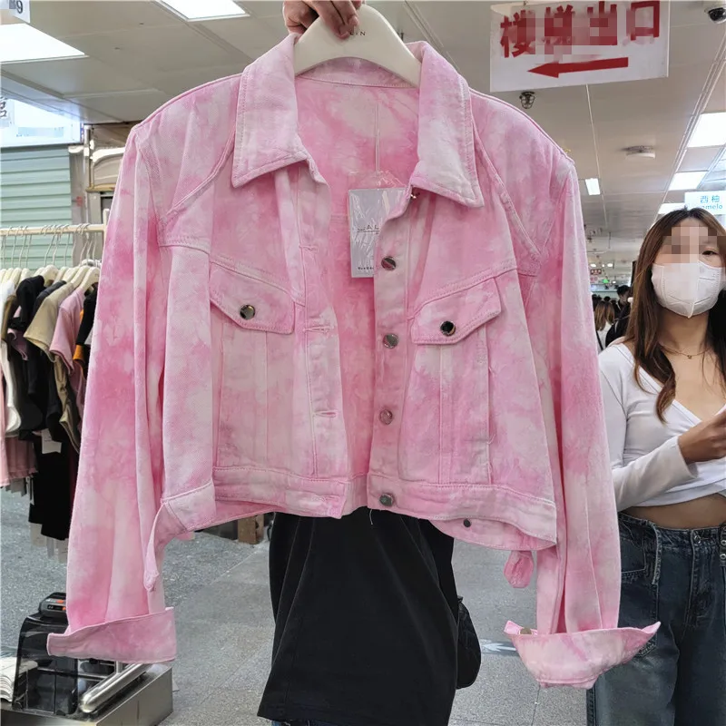 

Fashion Pink Tie Dye Denim Jacket Women Loose Short Cowboy Outerwear Spring Autumn Korean Long Sleeve Jeans Jacket Coat Female