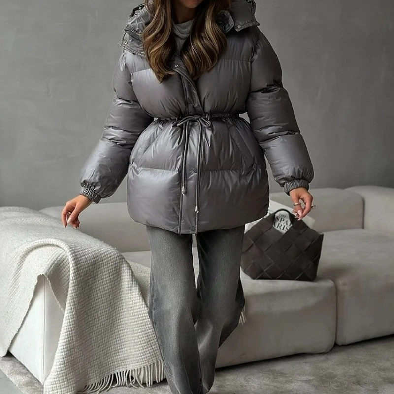 

Deeptown Black Basic Women Hooded Quilted Coats Gray Long Sleeve Drawstring Lace Up Zipper Jackets Slim Casual Thick Warm Winter