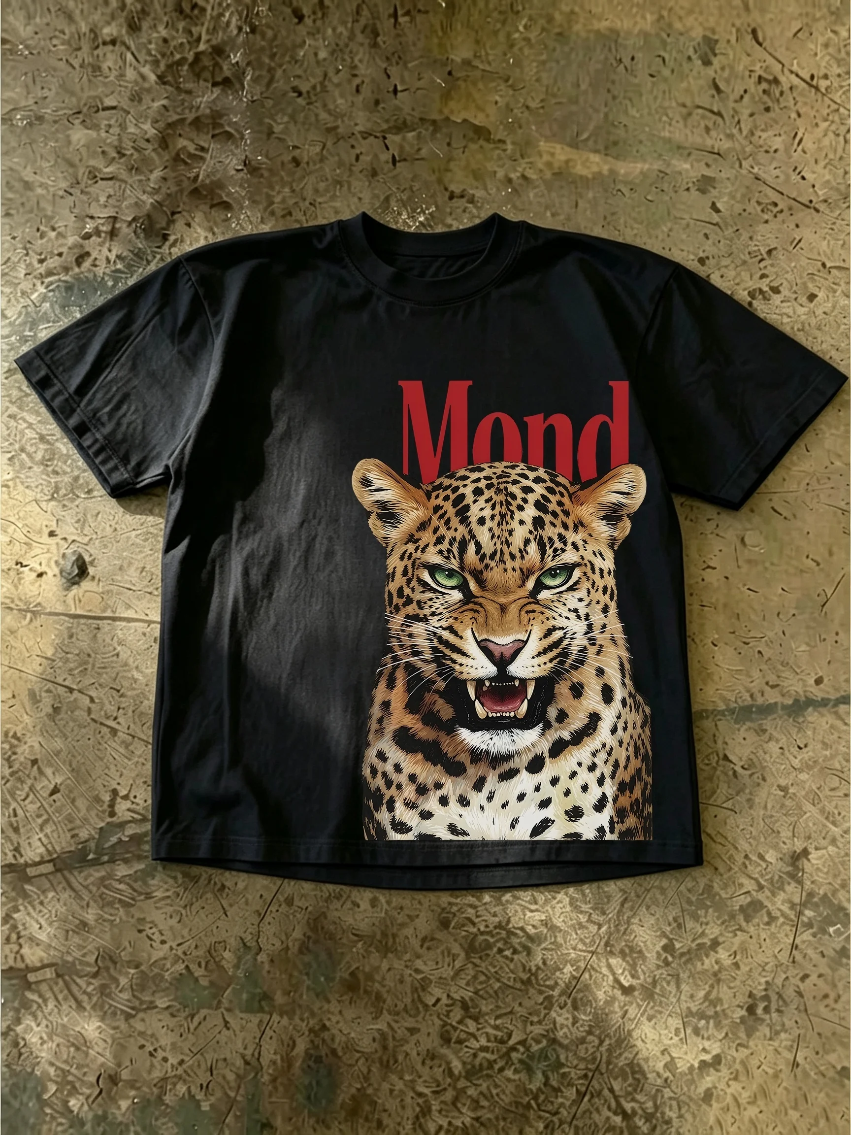 Men Women Y2K High Street Style Leopard Head Letter Print Short Sleeve T-Shirt Loose Fit Crew Neck Cropped Casual Streetwear Top