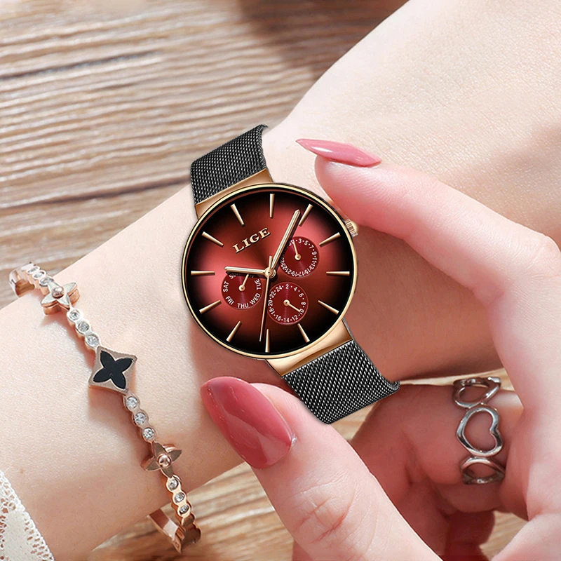 LIGE New Fashion Women Watches Top Brand Luxury Quartz Watch Women Mesh Steel Waterproof Ultra-thin Wristwatch For Women Clock