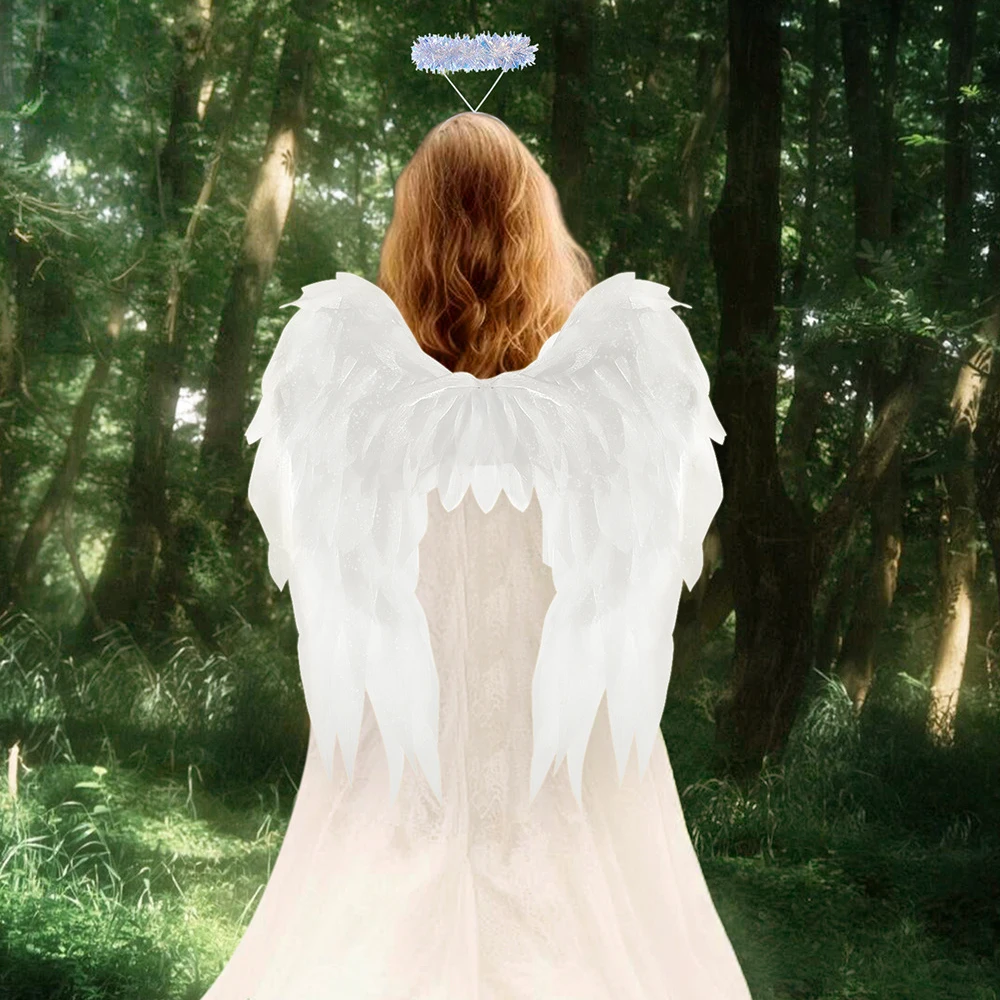 محاكاة الملاك الجناح أبيض/أسود ريشة تأثيري الدعائم عقال حفلة تنكرية زي أجنحة الجنية هيرباند الزخرفية