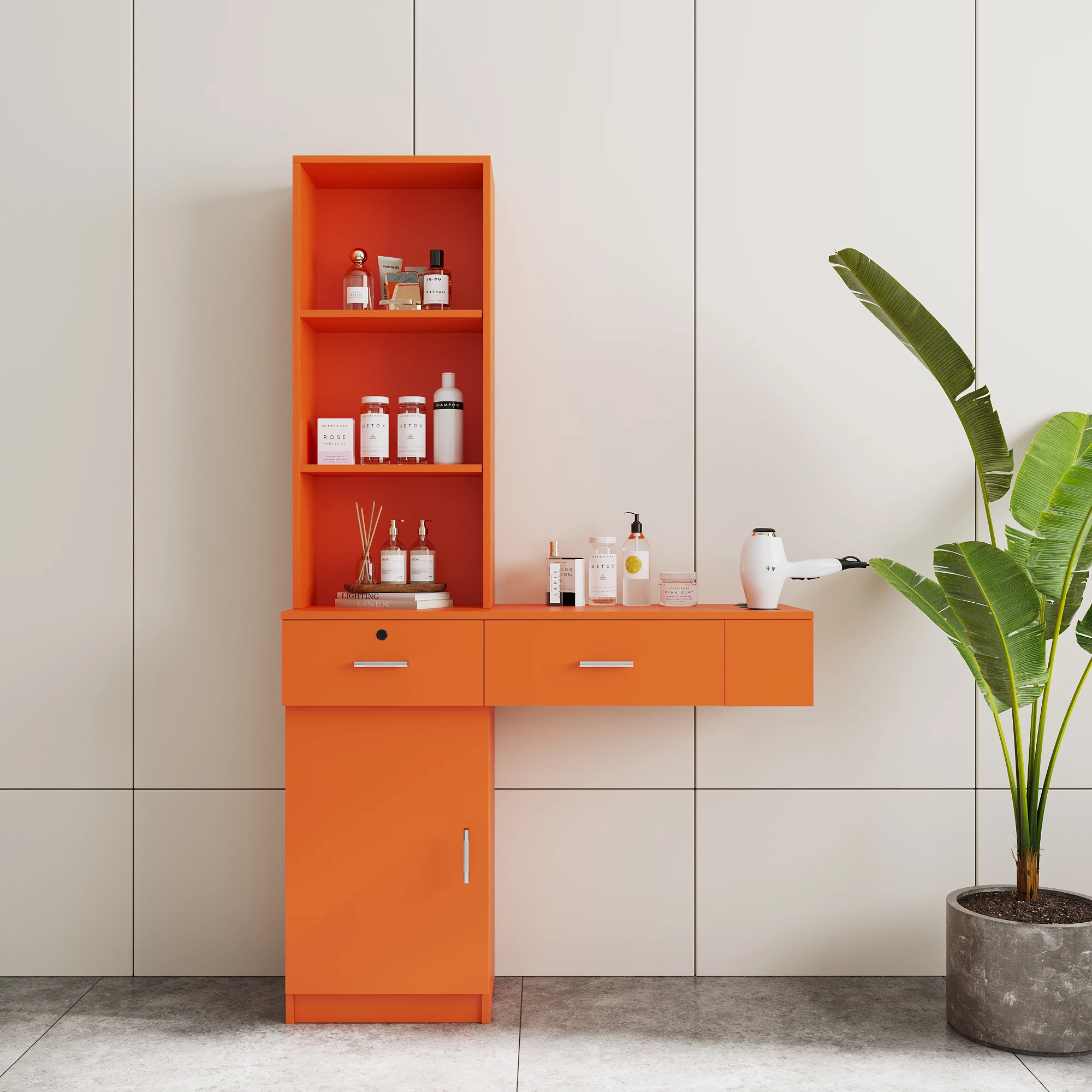 

Orange Modern Salon Cabinet Simple Hair Desk Multi-Layer Storage Space 2 Drawer 1 Door 1 Lock 3 Hair Dryer[US-Stock]