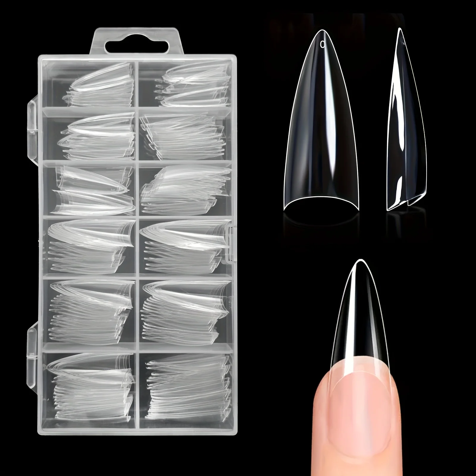 

240/600pcs Medium Stiletto Nail Tips Half Cover False Nail Almond Shape Point ABS Sharp Artificial False Nails