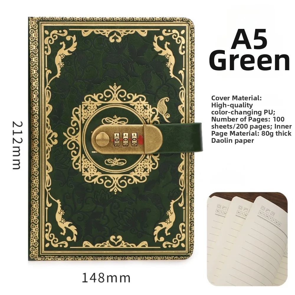 New PU Combination Lock Notebook Vintage Style Pen Loop Personal Diary Notebook Lined Pages Locking Journal Business Office Use