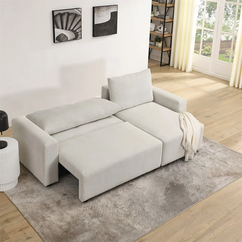 *Modern Simple Corduroy Fabric Square Cushion Backrest Track Arm Reclining Extendable Pull-out Storage Sofa Bed Living School