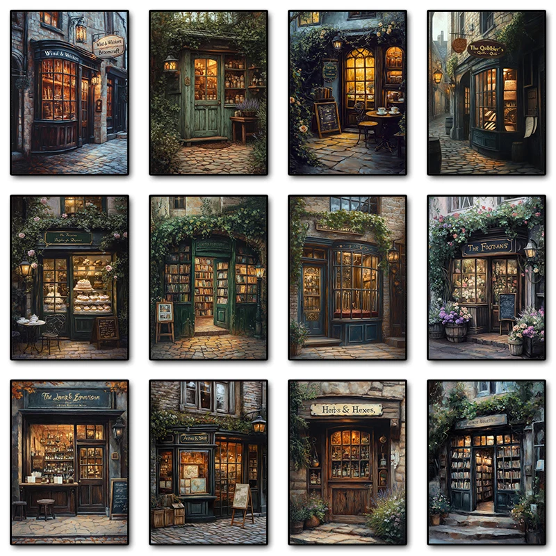 2026 Wizards Bookstore Potion Wand Shop Poster Print Canvas Painting Antique Vintage Magical Library Wall Art Room Cottagecore