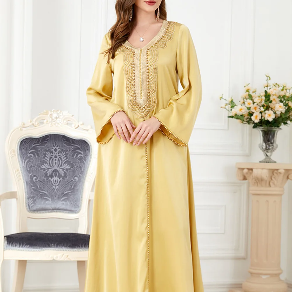 

Abaya Arab Apparel Women's V-neck Beaded Long Slip Fashion Dress Long Robe Muslim Fashion Robe Casual Clothes