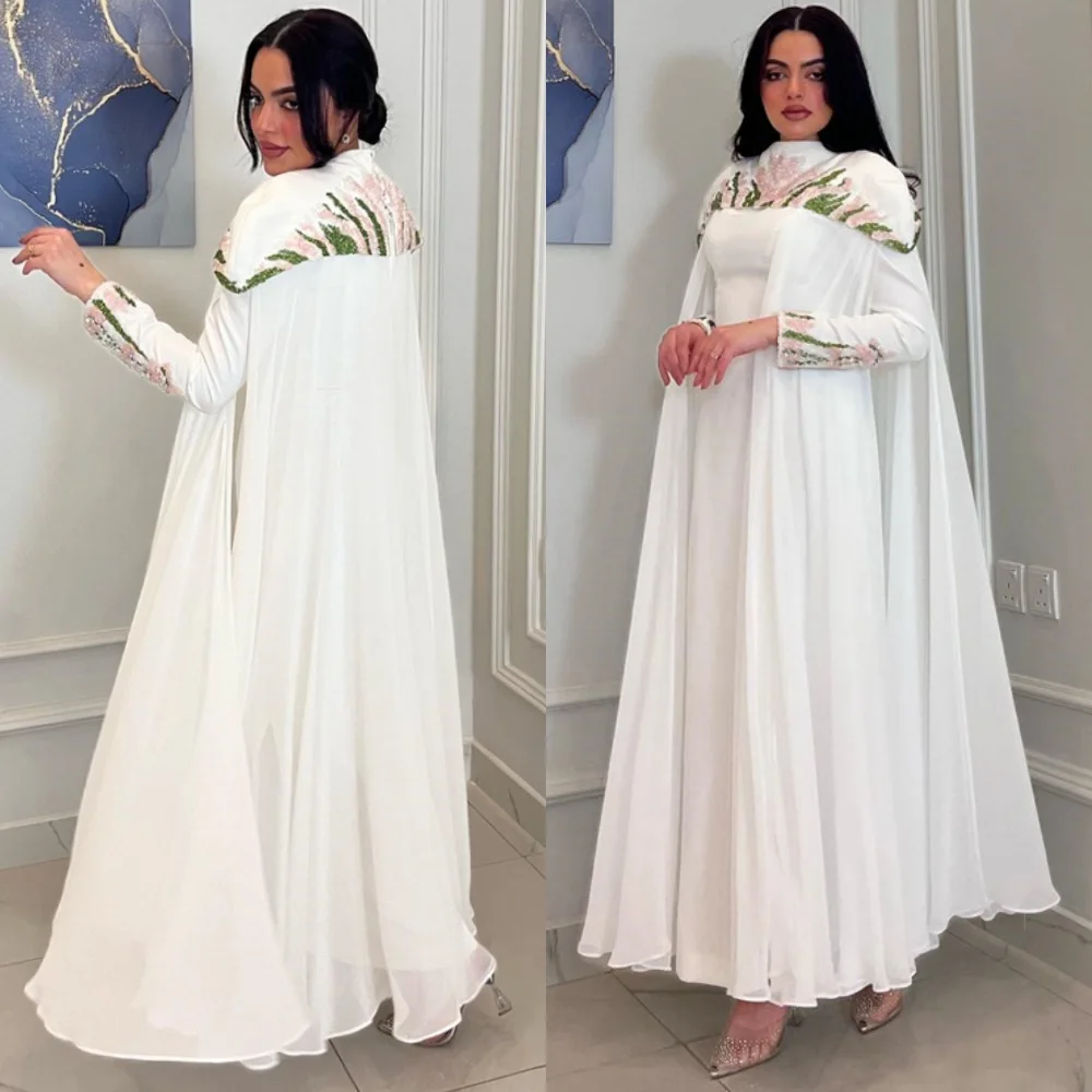 

Customized Fashion White Chiffon Evening Dress Exquisite Long Sleeves Homecoming Dresses Soft Sweep Train Celebrity Gowns