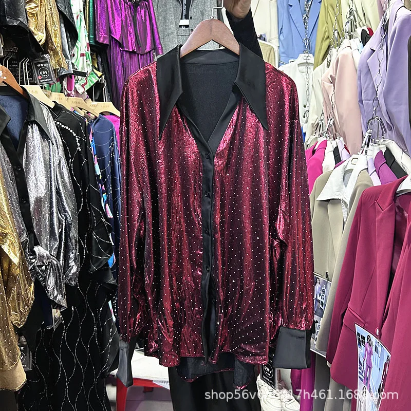 Fashionable Female Blouses 2026 New Spring Full Diamonds Loose Cardigans Top Colorblock All-match Lady Long Sleeve Casual Shirts