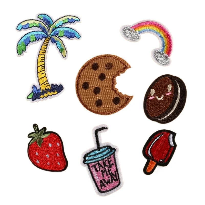 50pcs/Lot Fun Embroidery Patch Shirt Bag Clothing Decoration Drink Coconut Cookies Strawberry Silver Rainbow Craft Diy Applique