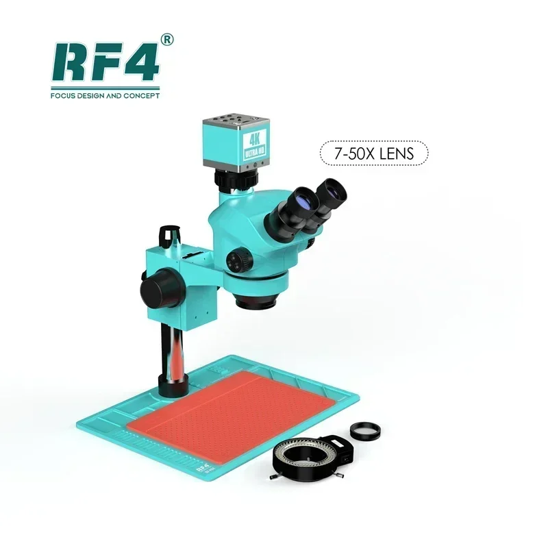 NEW RF4 RF7050-PO4-4K Industrial Microscope 7-50X Continuous Focus Magnification with PO-4 Aluminum Alloy Base and 4K Camera