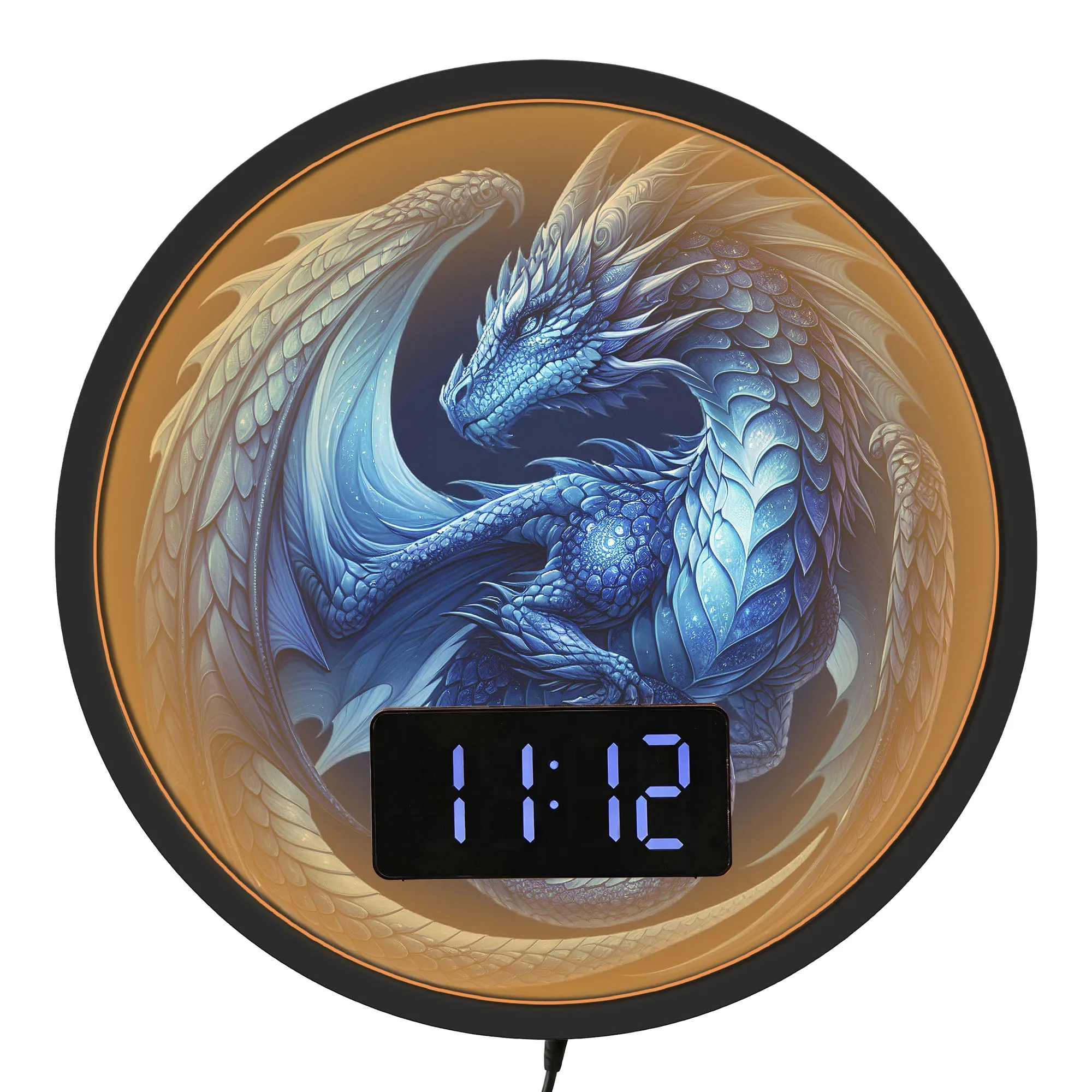 Mythical Blue Ice Dragon LED Digital Wall Clock Bedside Night Lamp Glowing Night Light Wall Clock with Temperature Calendar Date