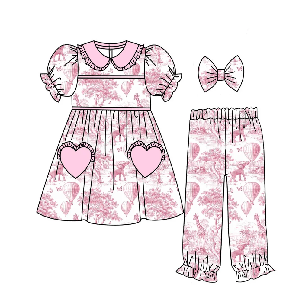 Toddler Girl Vintage Jungle Animal Outfit Pink Beige Toile Print Wrap Bath Robe / Ruffle Collar Heart Pocket Dress Pants Set