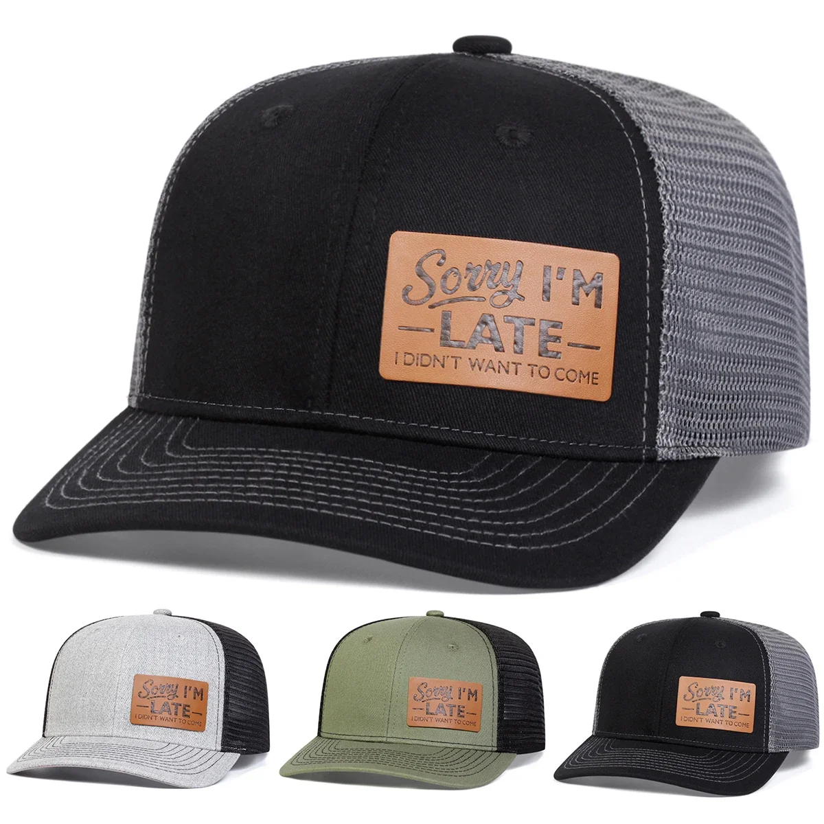 Unisex SORRY I'M LATE Leather Label Baseball Net Caps Spring Summer Outdoor Adjustable Casual Hats Sunscreen Hat Sports Cap