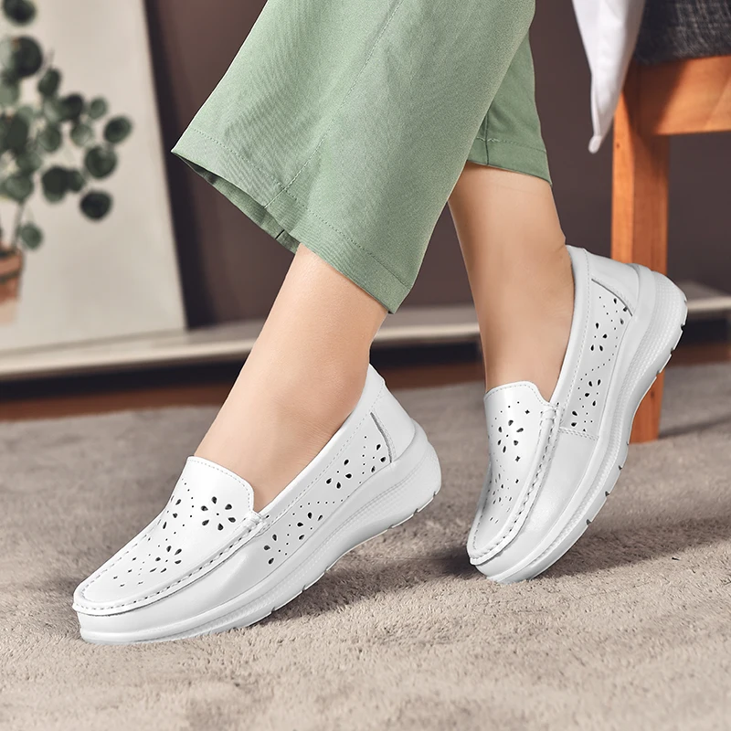 STRONGSHEN Women Flat Shoes Leather Loafers Soft Sole White Nurse Shoe Ladies Office Anti-Skid Casual Hollw Out Work Shoes