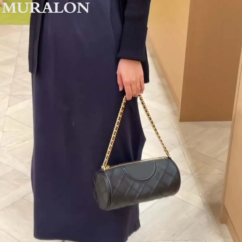 

Round Drum Handbag Classic All-match Sheepskin Chain Box Bag Fashion Genuine Leather Daily Underarm Bag 2024 New Banquet Totes