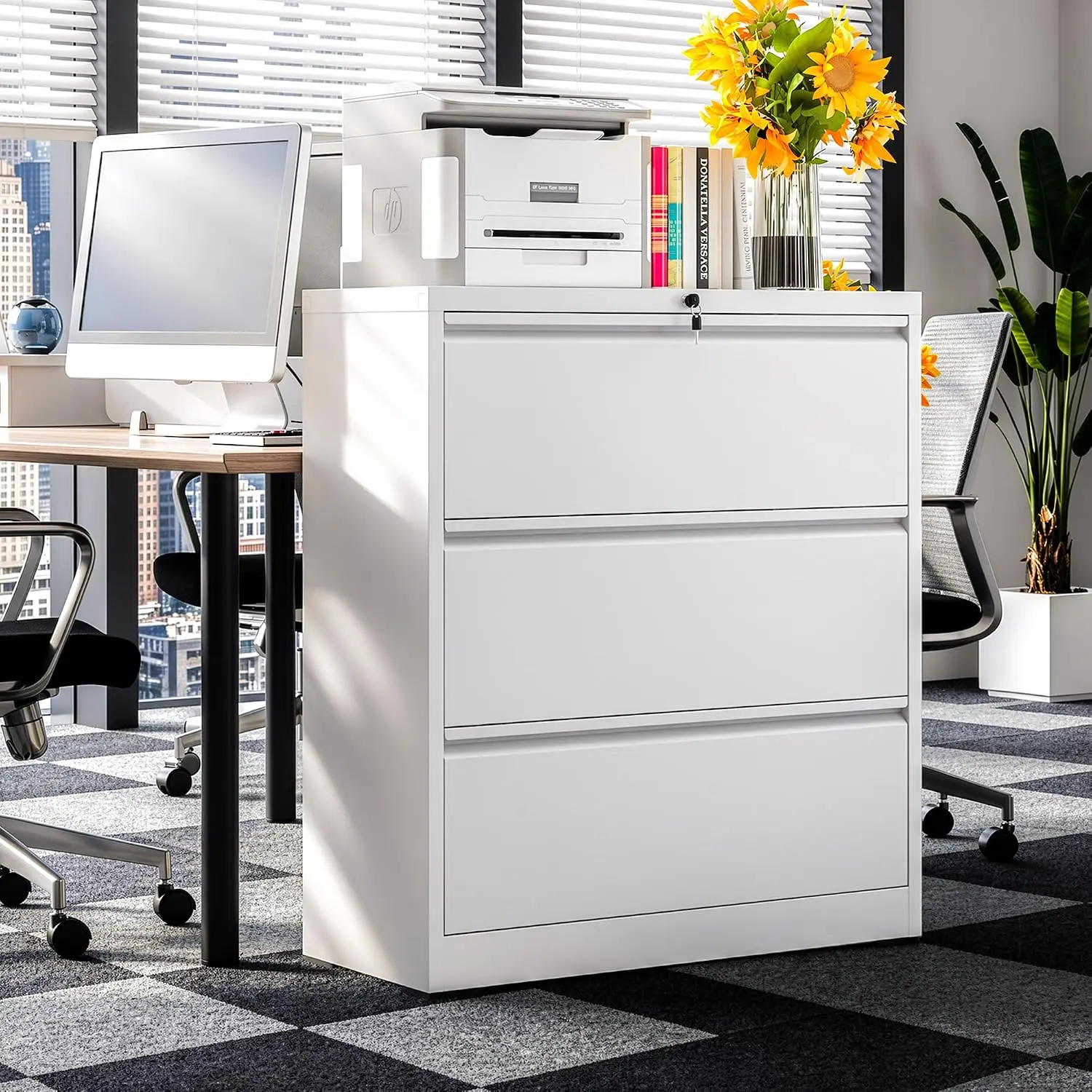 3-Drawer Metal Lateral File Cabinet with Lock,Home Office Storage for Legal Letter A4 F4 Files,35.5