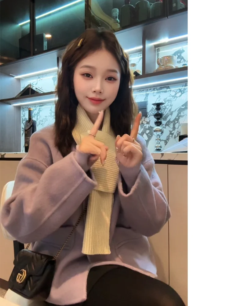 

XuanXuanChen Lav Girl Double-Faced Woolen Coat Loose Autumn Winter Women's Faion Sweet Sle Thiened Long Sve rou...