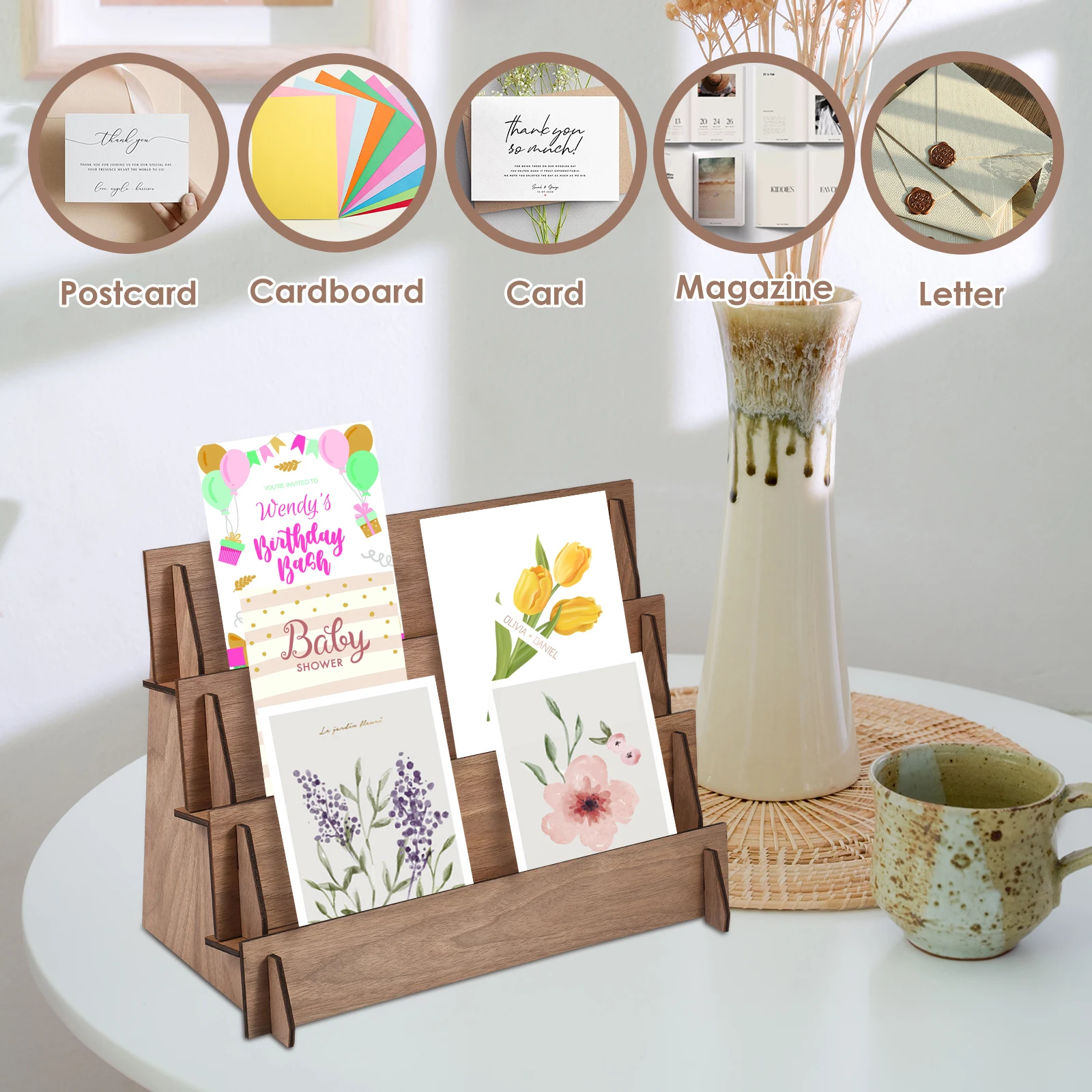 Card Display Stand Wood Postcard Holder Desk Bracket Cards Organizer 4 Layer Decorative Shelves Office Gift Display Holders