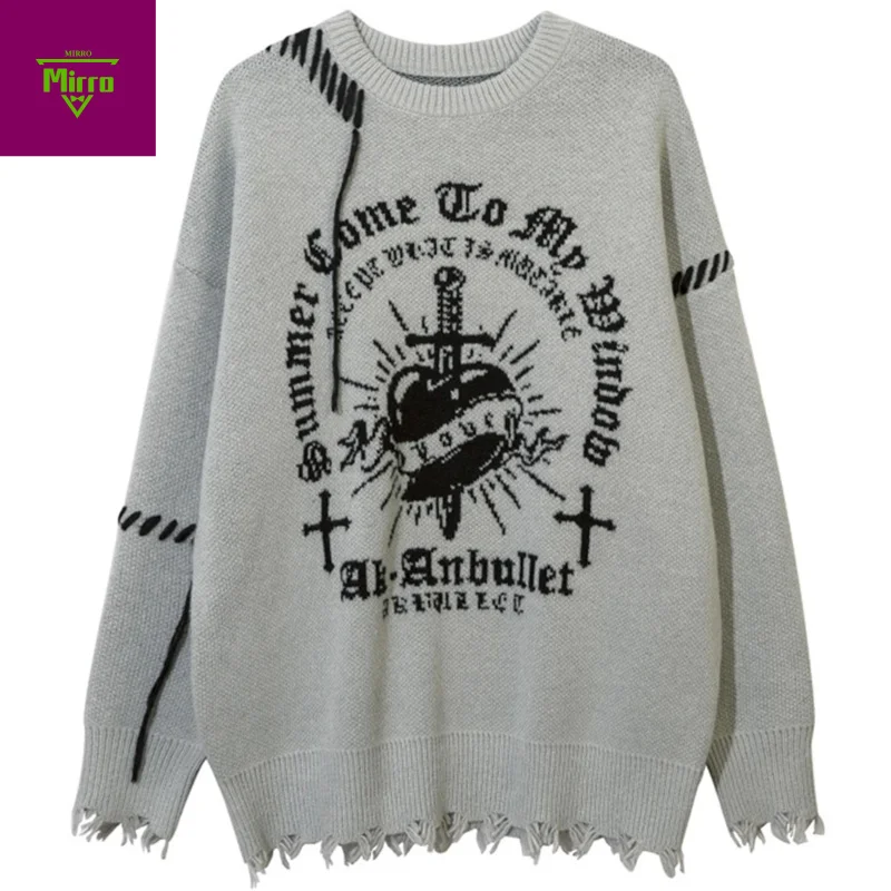 

Готические панк-мужские свитера с перекрестной графикой, винтажные негабаритные свитера Y2K, вязаный джемпер, уличная одежда, свитера в стиле Харадзюку в стиле хип-хоп, трикотаж