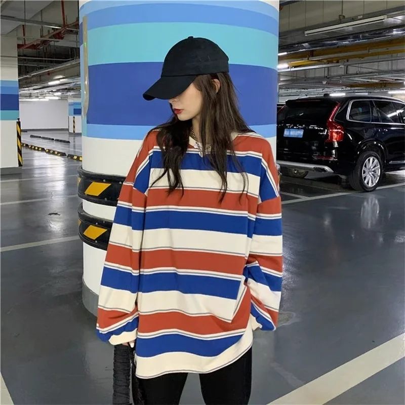 Women Harajuku Pullovers Streetwear Spring Hoodies Striped Oversized Sweatshirt Fashion Couples Matching Long Sleeve Tops