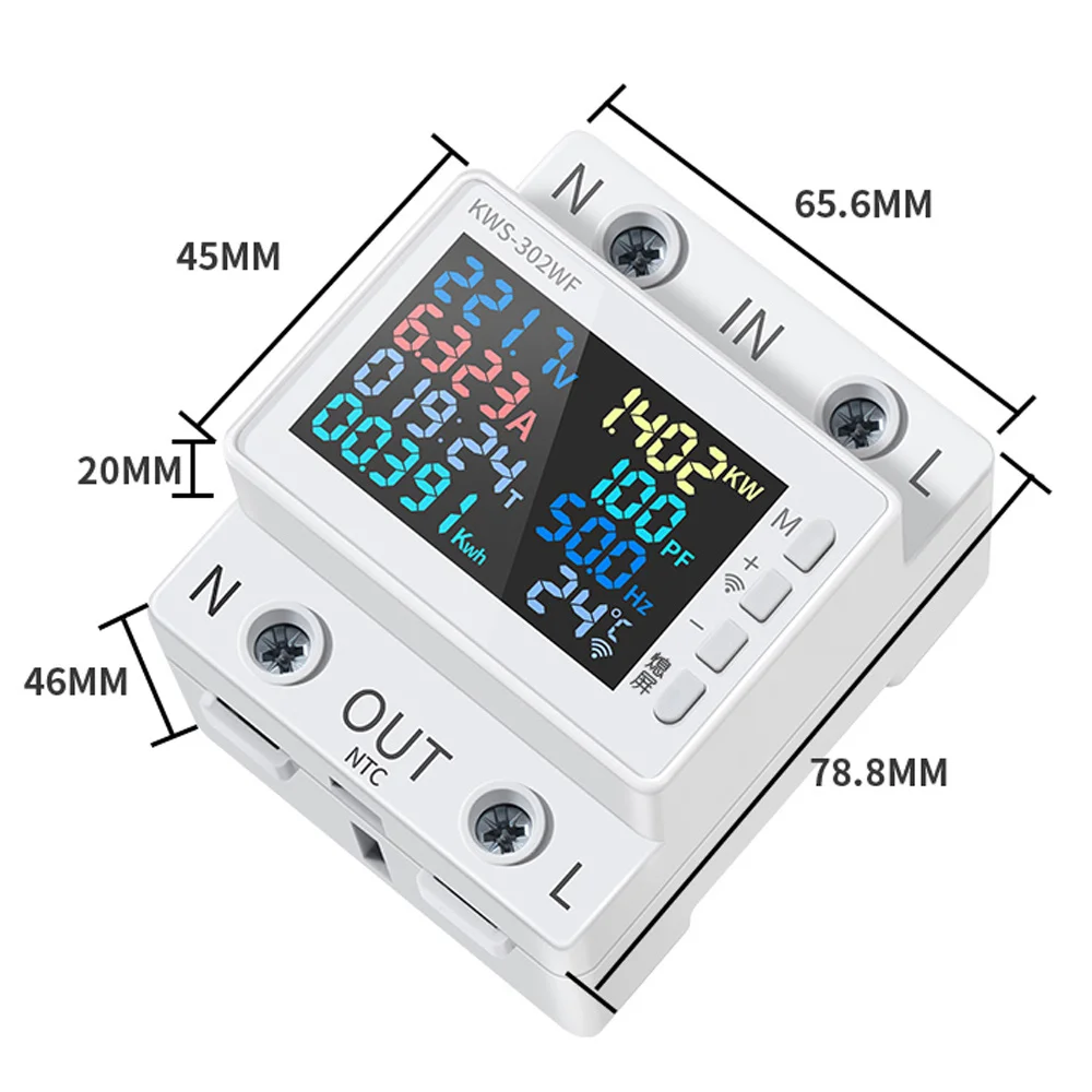 Tuya 8 in1 Power Meter Color Screen 2P AC Energy Meter APP Control 170-270V/63A Voltage and Current Meter Standard Rail Mounting