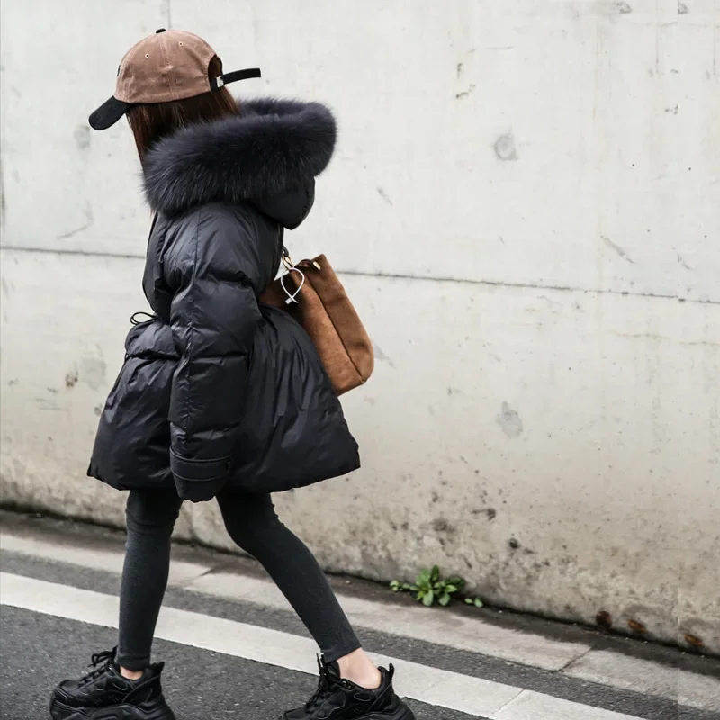 Winter New Girls Down Jacket Real Fox Fur Children Slim Coat Thicken Warm Kids Outfit Teenage Black Long Parkas XMP198