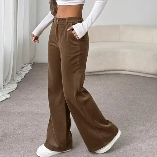 2025 Autumn New Women's Fashion Wide Leg Casual Straight Leg Pants Classic Brown Light Core Velvet Pants Women's Wear