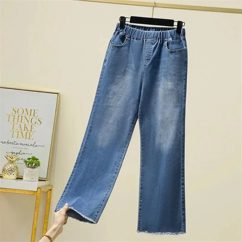 

95 Kg Oversized 4XL Ankle-Length Wide Leg Jeans Girls Casual Baggy Elastic High WaistStraight Denim Pants Women's Basic Vaqueros