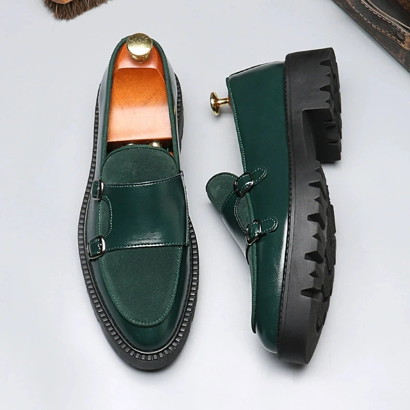 Fashion Gentleman PU Leather Men Monk Strap Loafer Shoes Slip On Elegant Men Dress Shoes Double Buckle Strap Mens Shoes
