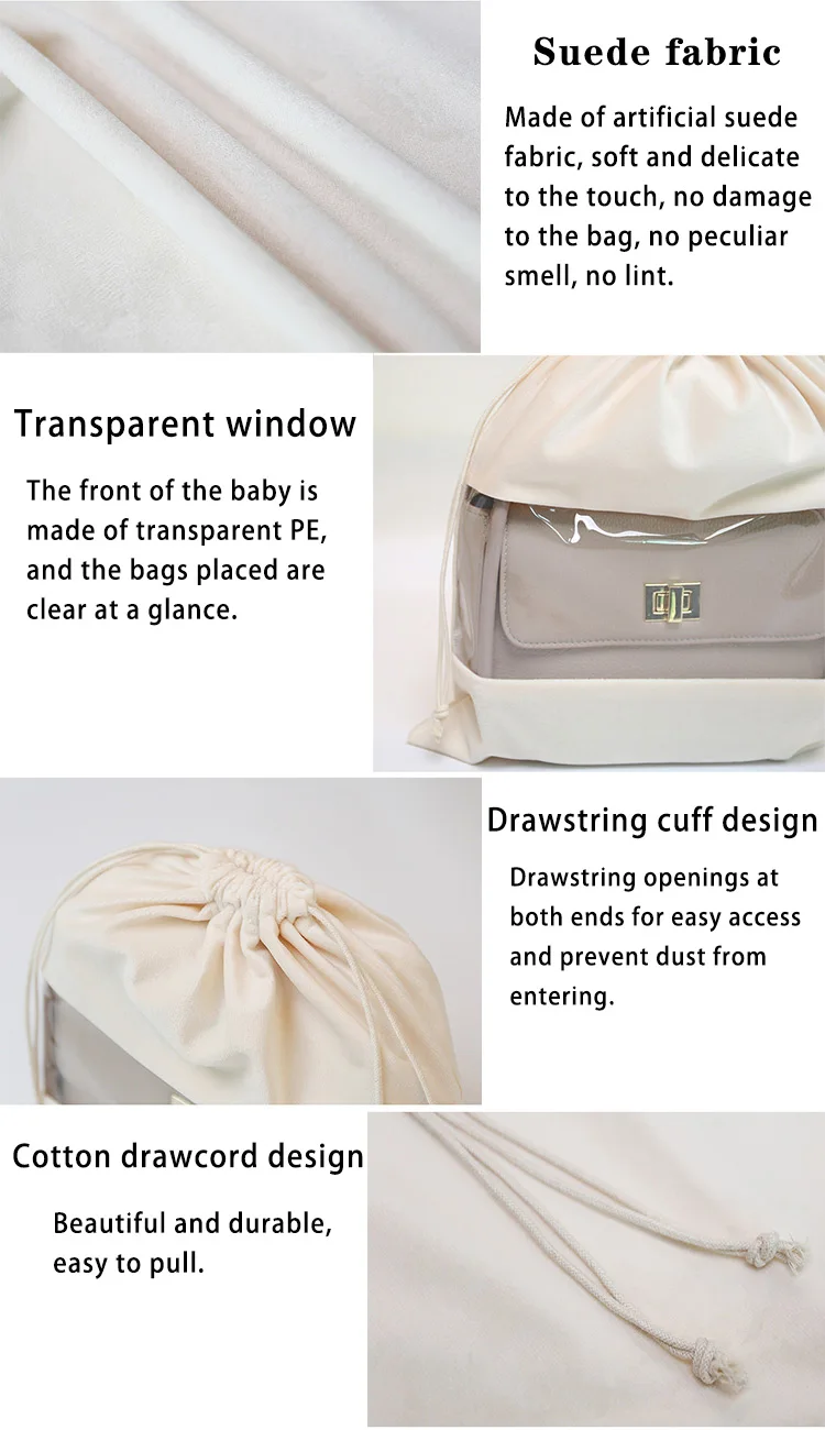 Dustproof Handbag Storage Organizer Dust Cover Storage Bags Flannel with PVC Clear Window Drawstring Pouch Bag For Purses Shoes