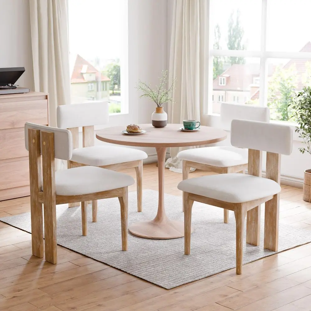 

Modern Dining Chairs Set of 4, Upholstered Natural Wooden Frame Beige Chenille Kitchen Curved Backrest Armless Farmhouse Chair