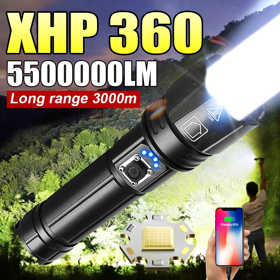 

Мощный фонарь XHP360, 5500000 лм, перезаряжаемый светодиодный фонарик 18650 с зумом, для активного отдыха, кемпинга, тактический фонарь
