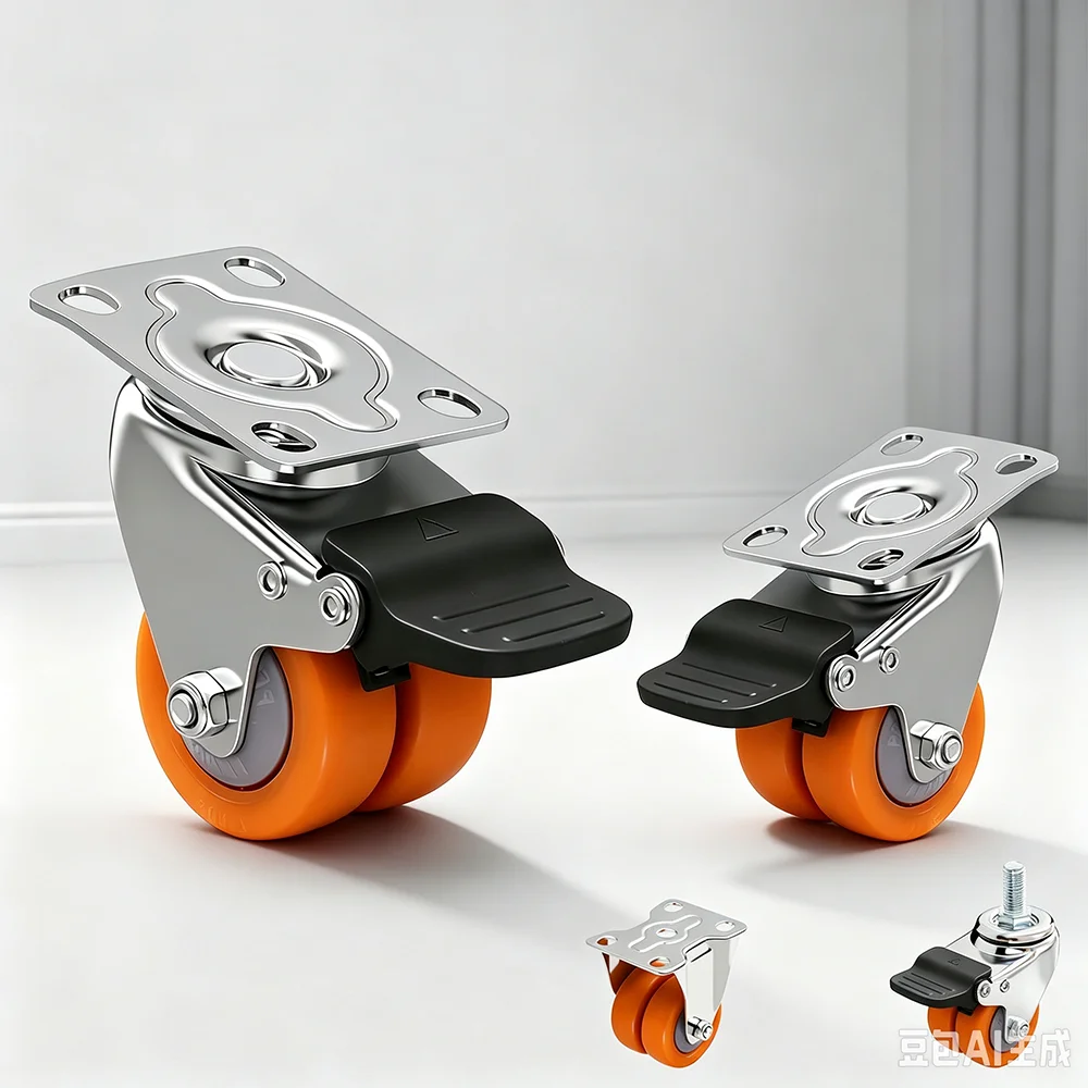 Double wheel casters with brakes, orange nylon heavy-duty silent and seamless rotating plate, garage workshop car use