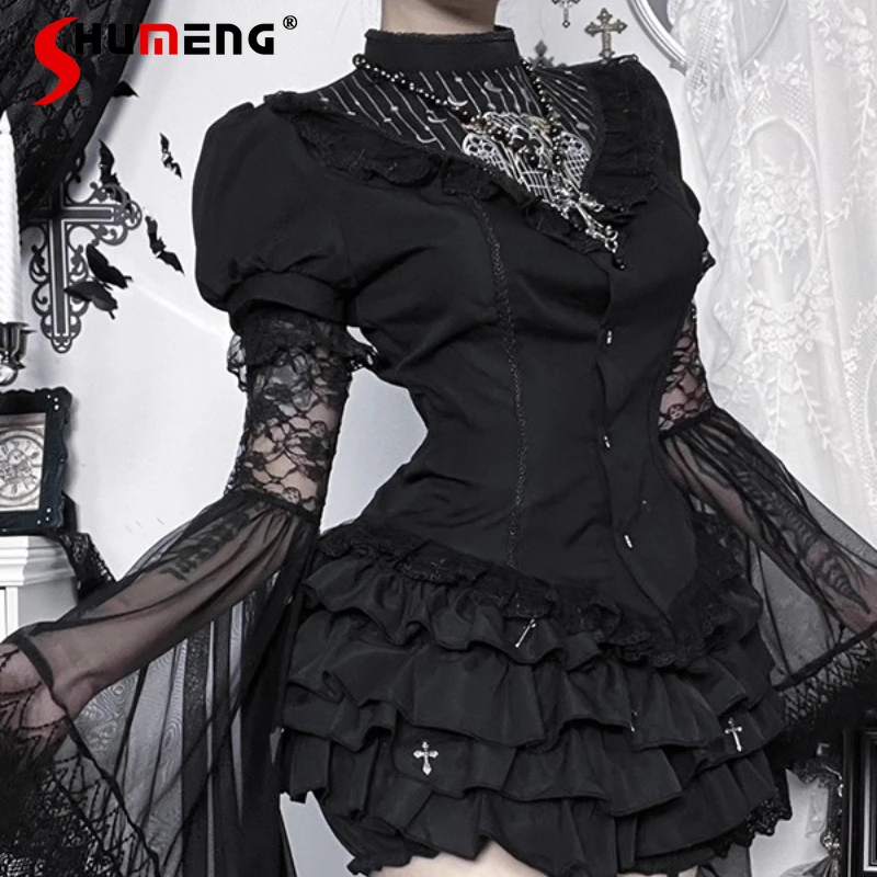 Y2k-Blusa de un solo pecho para niñas, conjunto de encaje de estilo oscuro, ropa de calle gótica con mangas empalmadas, disfraz de Cosplay, traje de Halloween